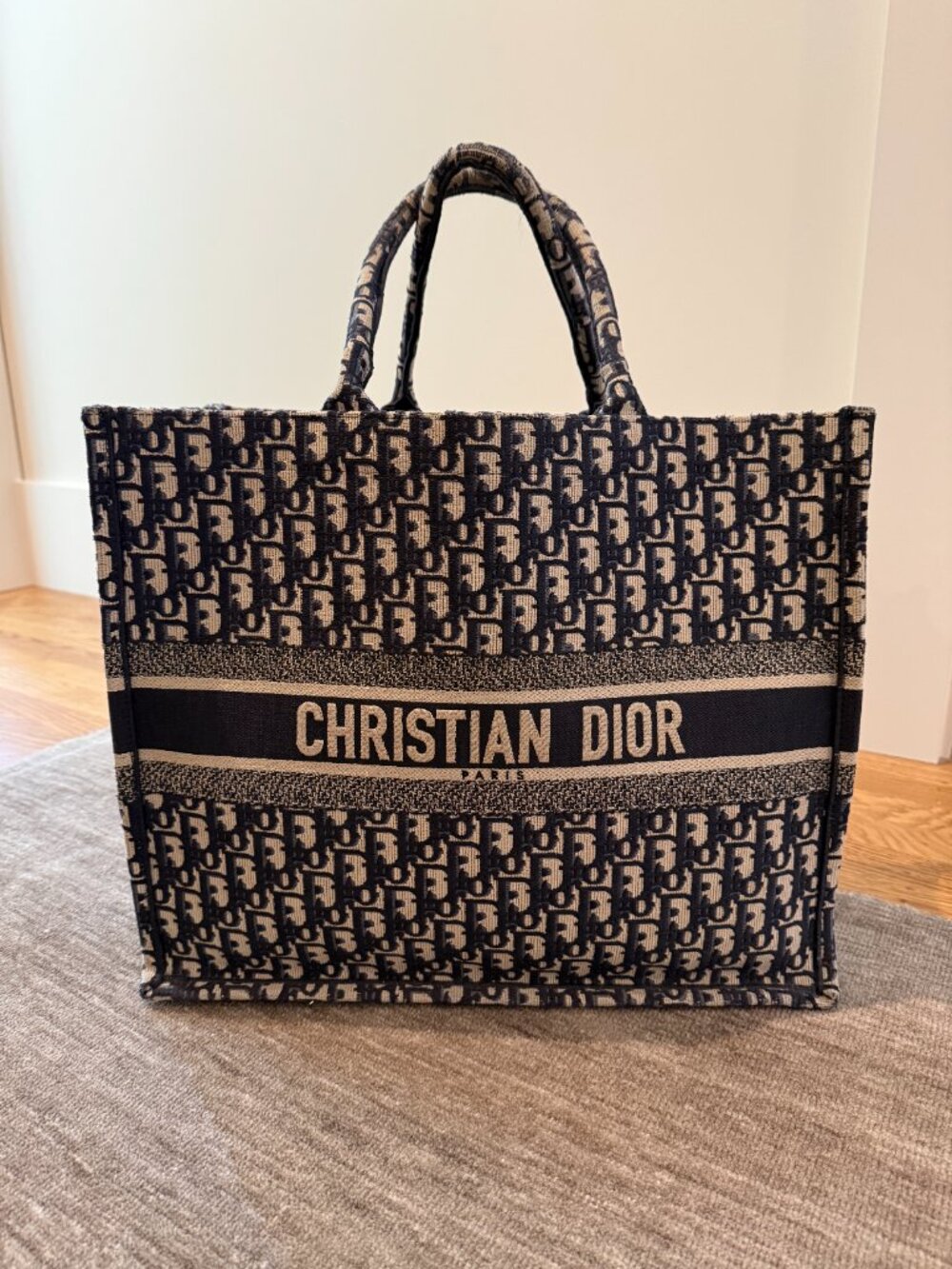 Christian Dior Book Tote Large Navy White oblique embroidered cotton handbag